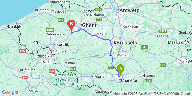 Map: Charleroi Airport Brussels South (CRL) to Astene