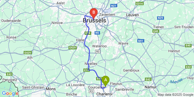Map: Charleroi Airport Brussels South (CRL) to Astrid Centre Hotel, Brussels