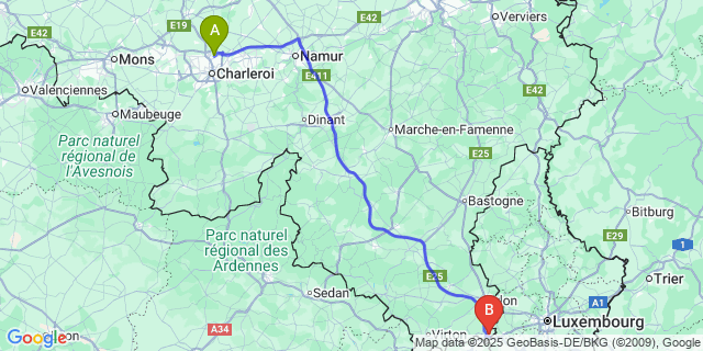 Map: Charleroi Airport Brussels South (CRL) to Athus