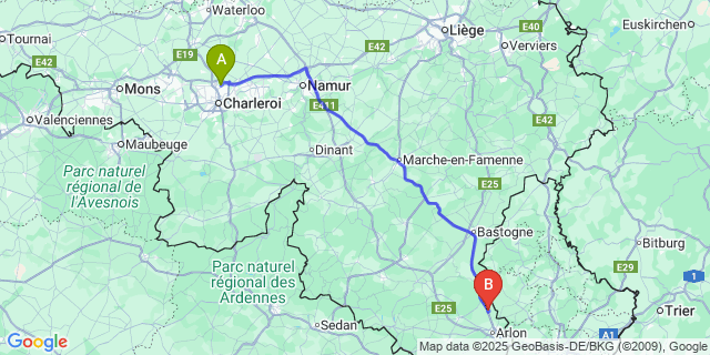 Map: Charleroi Airport Brussels South (CRL) to Attert