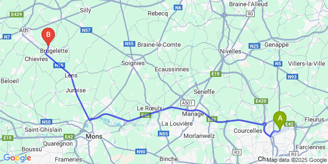 Map: Charleroi Airport Brussels South (CRL) to Attre