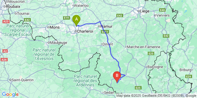 Map: Charleroi Airport Brussels South (CRL) to Auby-Sur-Semois