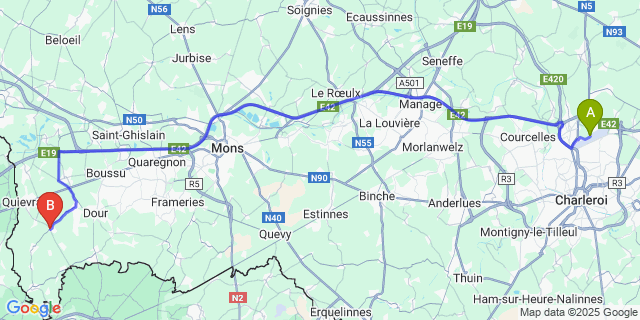Map: Charleroi Airport Brussels South (CRL) to Audregnies