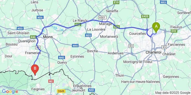 Map: Charleroi Airport Brussels South (CRL) to Aulnois