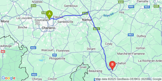 Map: Charleroi Airport Brussels South (CRL) to Ave-Et-Auffe