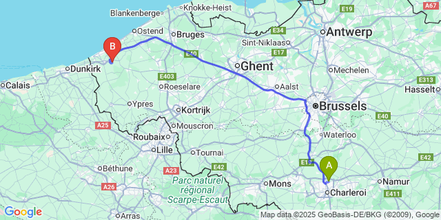 Map: Charleroi Airport Brussels South (CRL) to Avekapelle