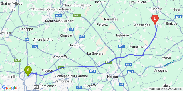 Map: Charleroi Airport Brussels South (CRL) to Avin