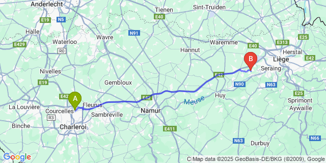 Map: Charleroi Airport Brussels South (CRL) to Awirs