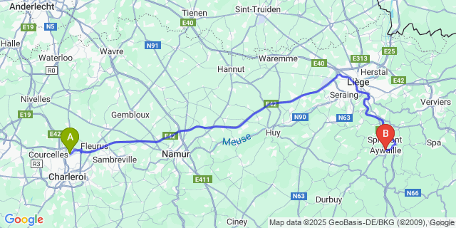 Map: Charleroi Airport Brussels South (CRL) to Aywaille