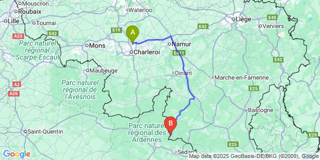 Map: Charleroi Airport Brussels South (CRL) to Bagimont