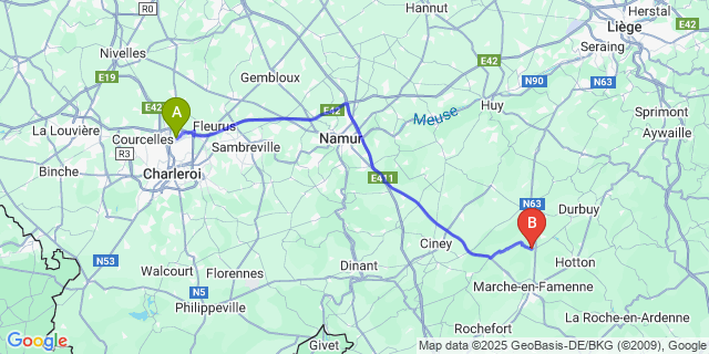 Map: Charleroi Airport Brussels South (CRL) to Baillonville
