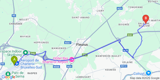 Map: Charleroi Airport Brussels South (CRL) to Balâtre