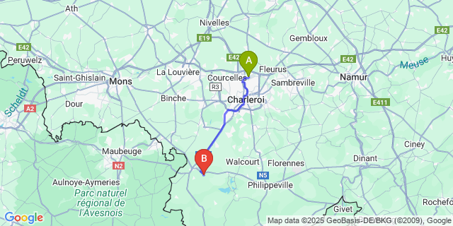 Map: Charleroi Airport Brussels South (CRL) to Barbençon