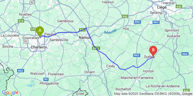 Map: Charleroi Airport Brussels South (CRL) to Barvaux-sur-Ourthe