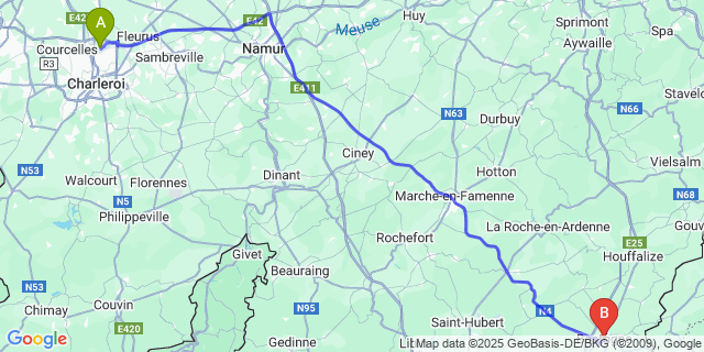 Map: Charleroi Airport Brussels South (CRL) to Bastogne