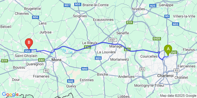 Map: Charleroi Airport Brussels South (CRL) to Baudour