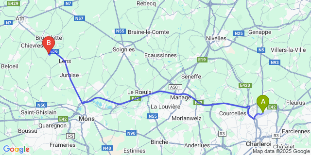 Map: Charleroi Airport Brussels South (CRL) to Bauffe