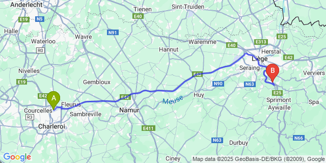 Map: Charleroi Airport Brussels South (CRL) to Beaufays