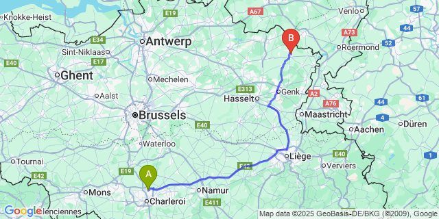 Map: Charleroi Airport Brussels South (CRL) to Beek