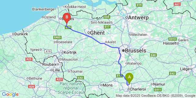 Map: Charleroi Airport Brussels South (CRL) to Beernem