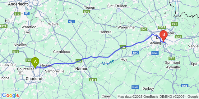Map: Charleroi Airport Brussels South (CRL) to Bel?il