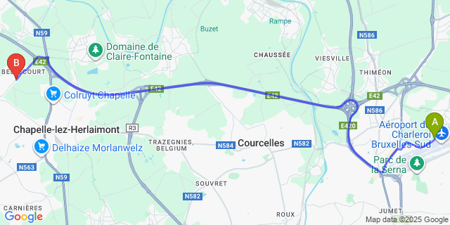 Map: Charleroi Airport Brussels South (CRL) to Bellecourt