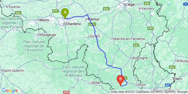 Map: Charleroi Airport Brussels South (CRL) to Bellefontaine (Luxembourg)
