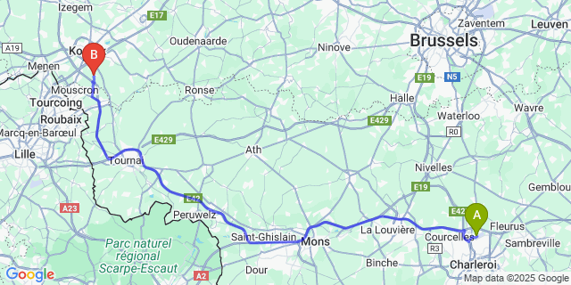 Map: Charleroi Airport Brussels South (CRL) to Bellegem