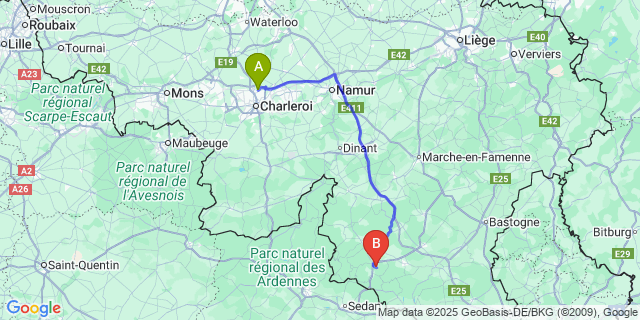 Map: Charleroi Airport Brussels South (CRL) to Bellevaux