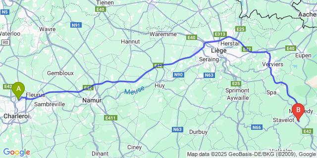 Map: Charleroi Airport Brussels South (CRL) to Bellevaux-Ligneuville