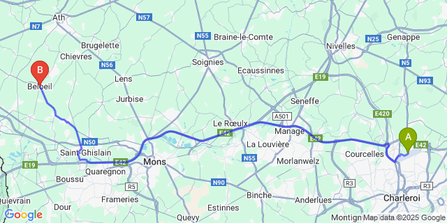Map: Charleroi Airport Brussels South (CRL) to Beloeil