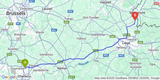 Map: Charleroi Airport Brussels South (CRL) to ben-Émael