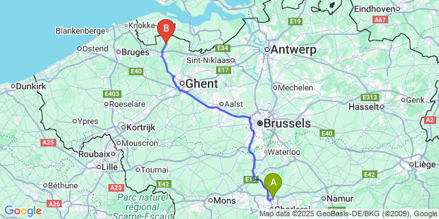Map: Charleroi Airport Brussels South (CRL) to Bentille