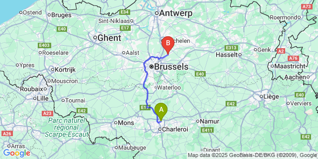 Map: Charleroi Airport Brussels South (CRL) to Berg (Vlaams-Brabant)