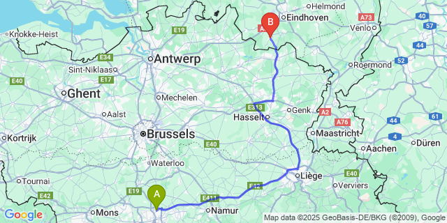 Map: Charleroi Airport Brussels South (CRL) to Bergeijk