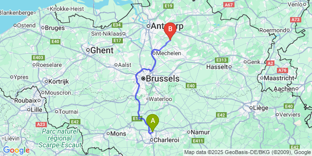Map: Charleroi Airport Brussels South (CRL) to Berlaar