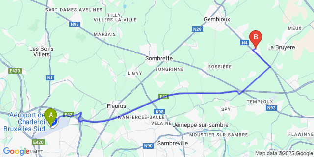 Map: Charleroi Airport Brussels South (CRL) to Beuzet