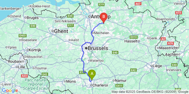 Map: Charleroi Airport Brussels South (CRL) to Bevel