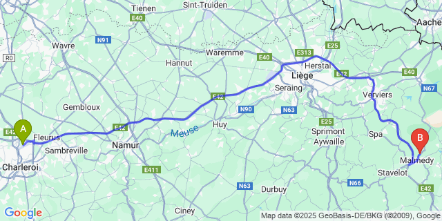 Map: Charleroi Airport Brussels South (CRL) to Bévercé