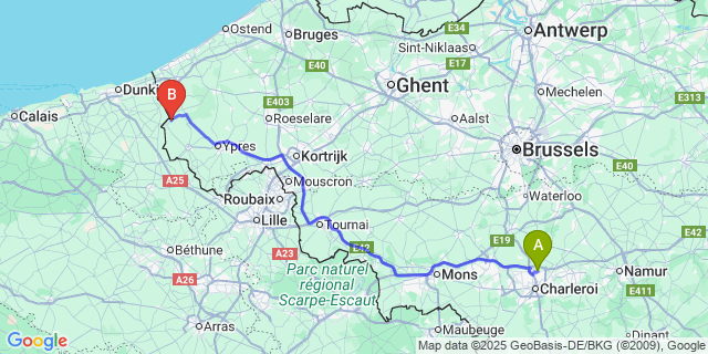 Map: Charleroi Airport Brussels South (CRL) to Beveren-Aan-Den-Ijzer