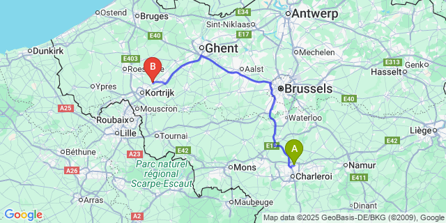 Map: Charleroi Airport Brussels South (CRL) to Beveren-Op-De-Leie