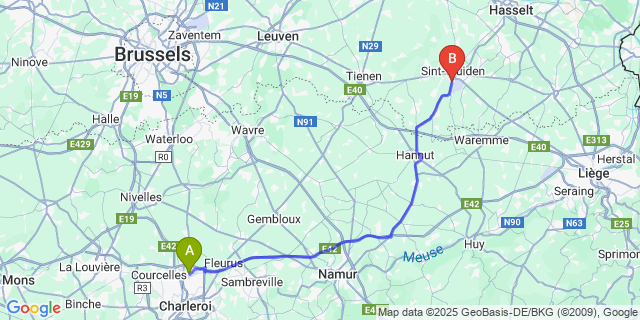 Map: Charleroi Airport Brussels South (CRL) to Bevingen