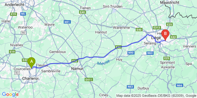 Map: Charleroi Airport Brussels South (CRL) to Beyne-Heusay