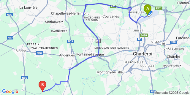 Map: Charleroi Airport Brussels South (CRL) to Bienne-Lez-Happart