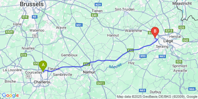 Map: Charleroi Airport Brussels South (CRL) to Bierset
