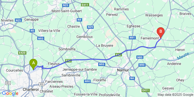 Map: Charleroi Airport Brussels South (CRL) to Bierwart