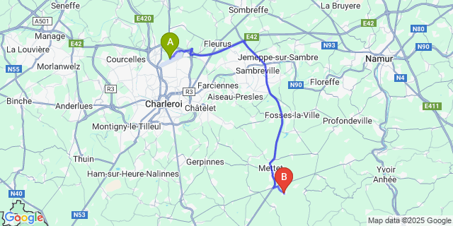 Map: Charleroi Airport Brussels South (CRL) to Biesmerée