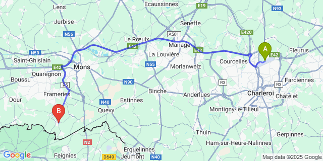 Map: Charleroi Airport Brussels South (CRL) to Blaregnies