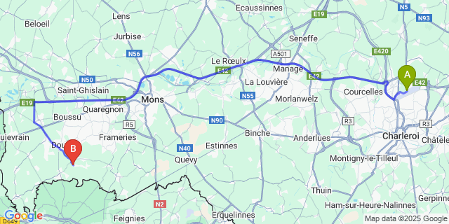 Map: Charleroi Airport Brussels South (CRL) to Blaugies