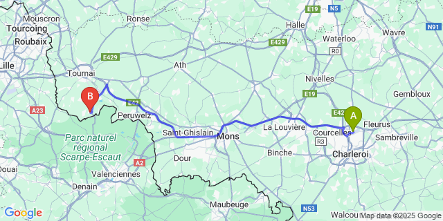 Map: Charleroi Airport Brussels South (CRL) to Bléharies